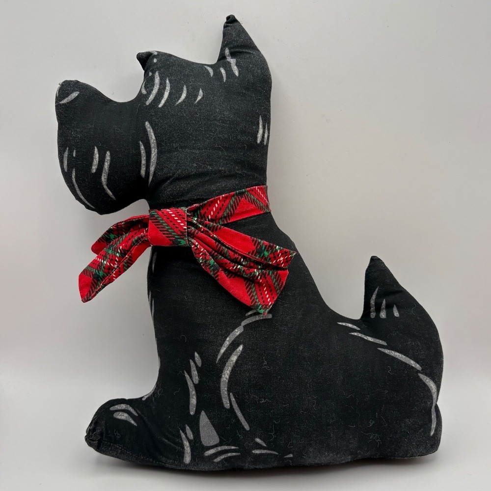 Vtg Handmade Scottie Dog Pillow Stuffed Fabric Scottish Terrior Plaid Bow